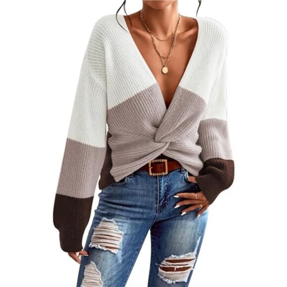 Khaki Colorblock Chunky Knit Pullover Sweater V Neck Twisted Knot Sweater Top - Picture 6 of 6